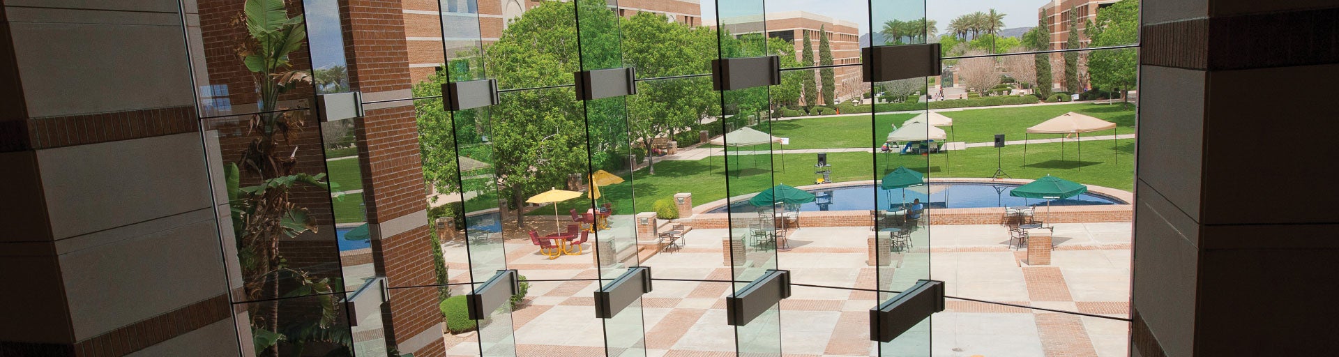 View of Fletcher Lawn from inside Fletcher Library at ASU's West Valley campus