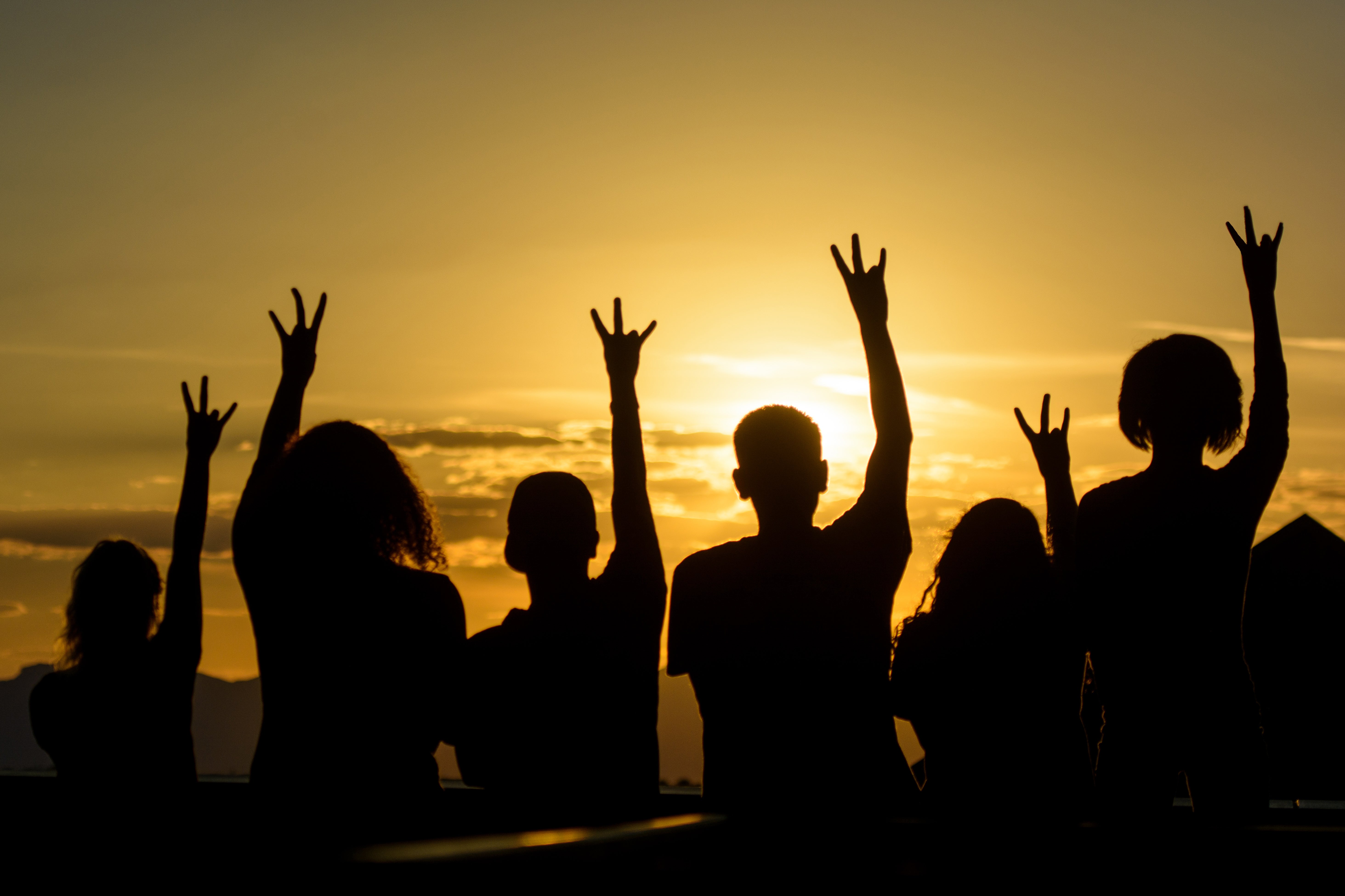 Silhouette of students at sunset showing hand pitchfork