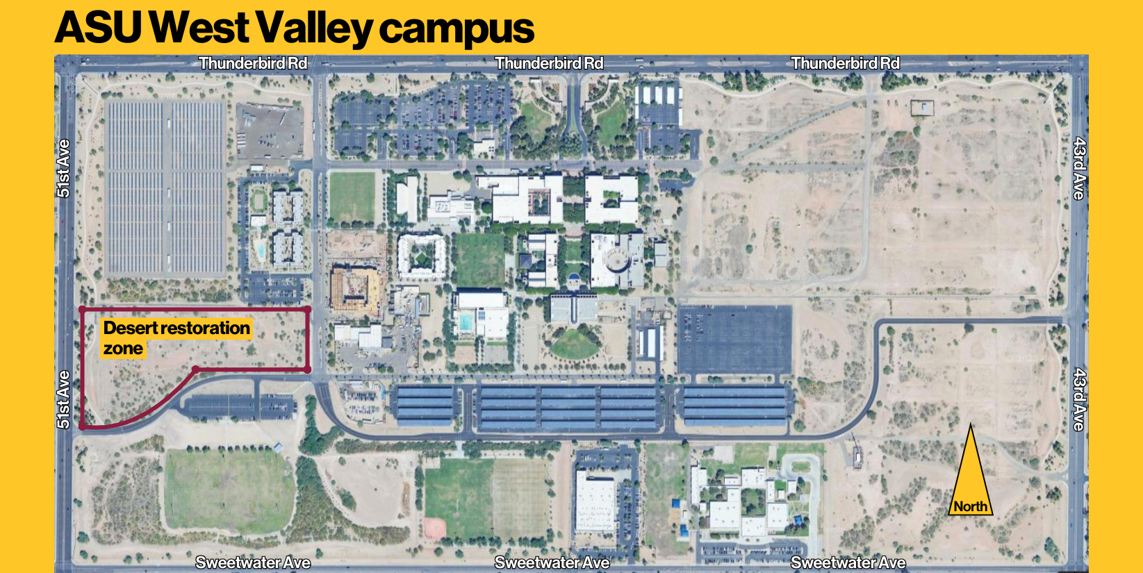 Aerial view map of the West Valley campus highlighting the Desert Restoration Zone