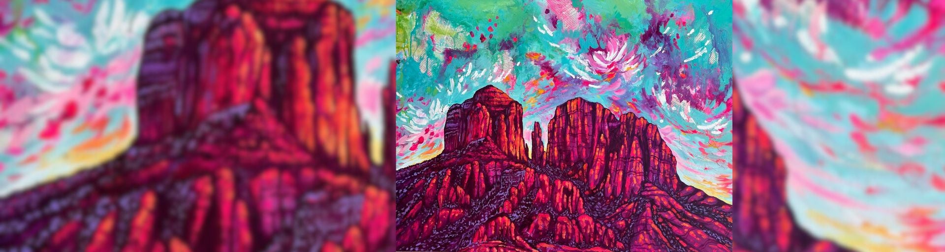 Acrylic painting of red rocks in a desert with a sunset sky