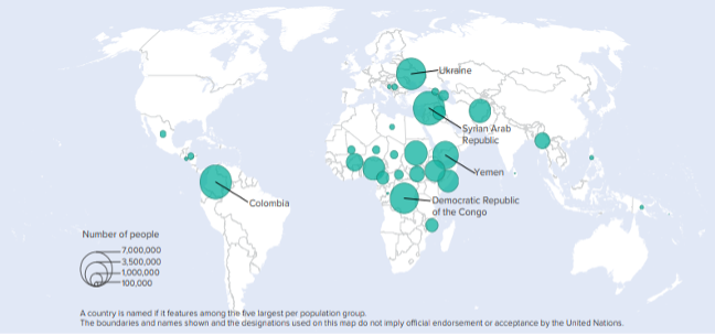 Map of the word showing global trends in displacement