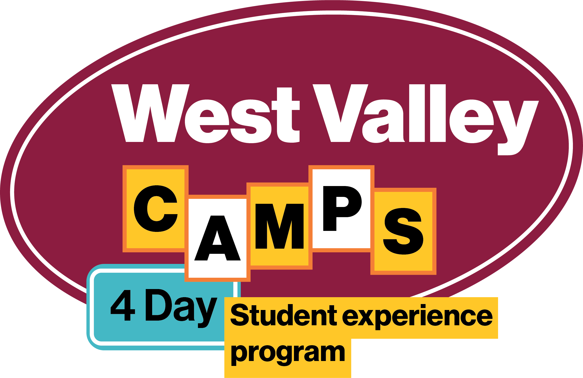 "Logo with 'West Valley' and 'CAMPS' text on a maroon background."