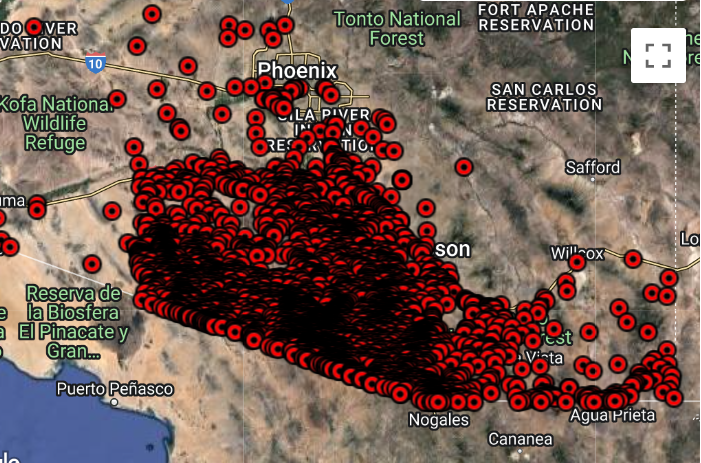 Screenshot of Humane Borders interactive migrant mortality map (humaneborders.info/app/map.asp)