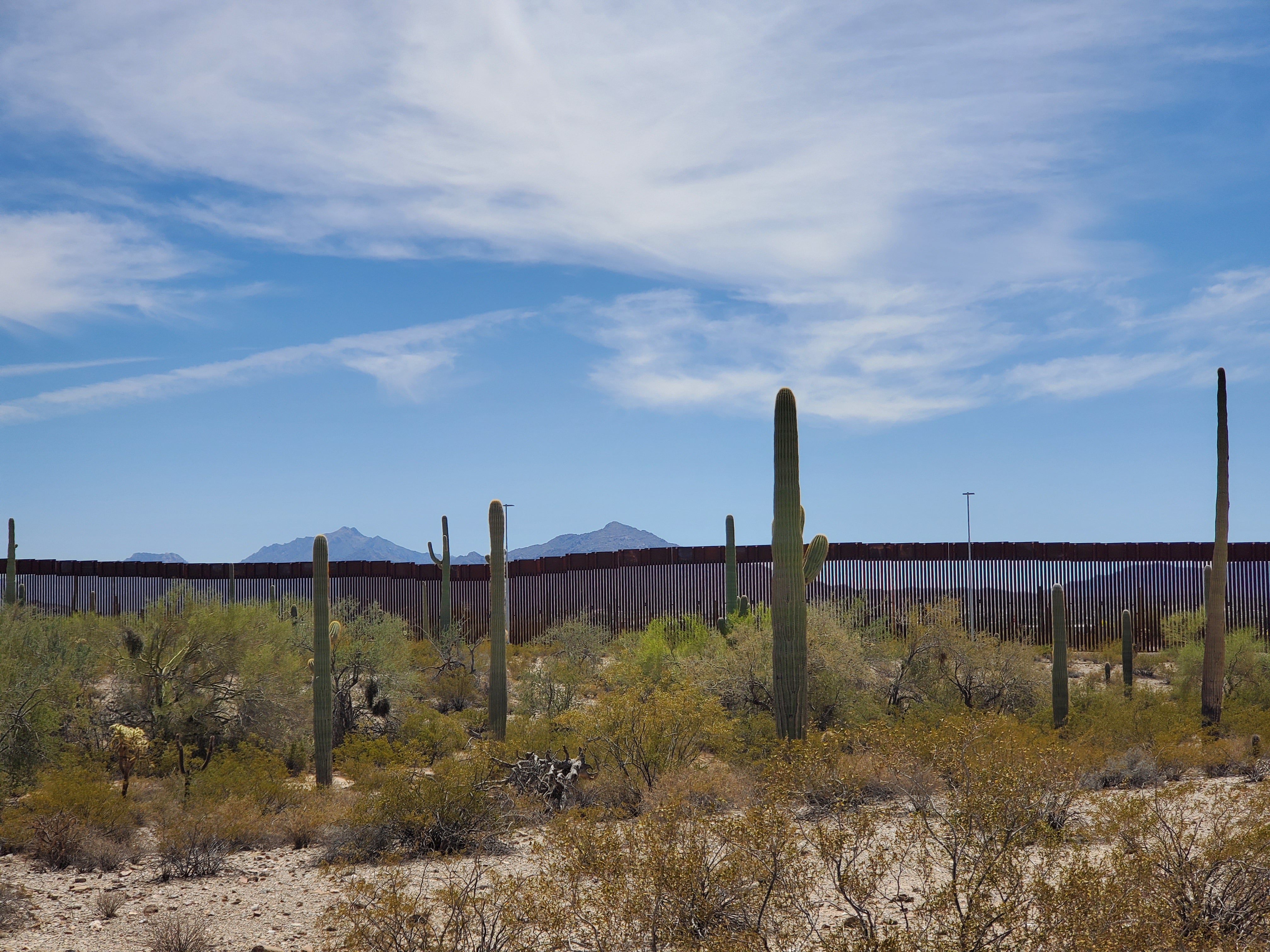 Mountains in Mexico in the distance beyond the U.S.-Mexico border wall, with the Arizona Sonoran Desert in the foreground