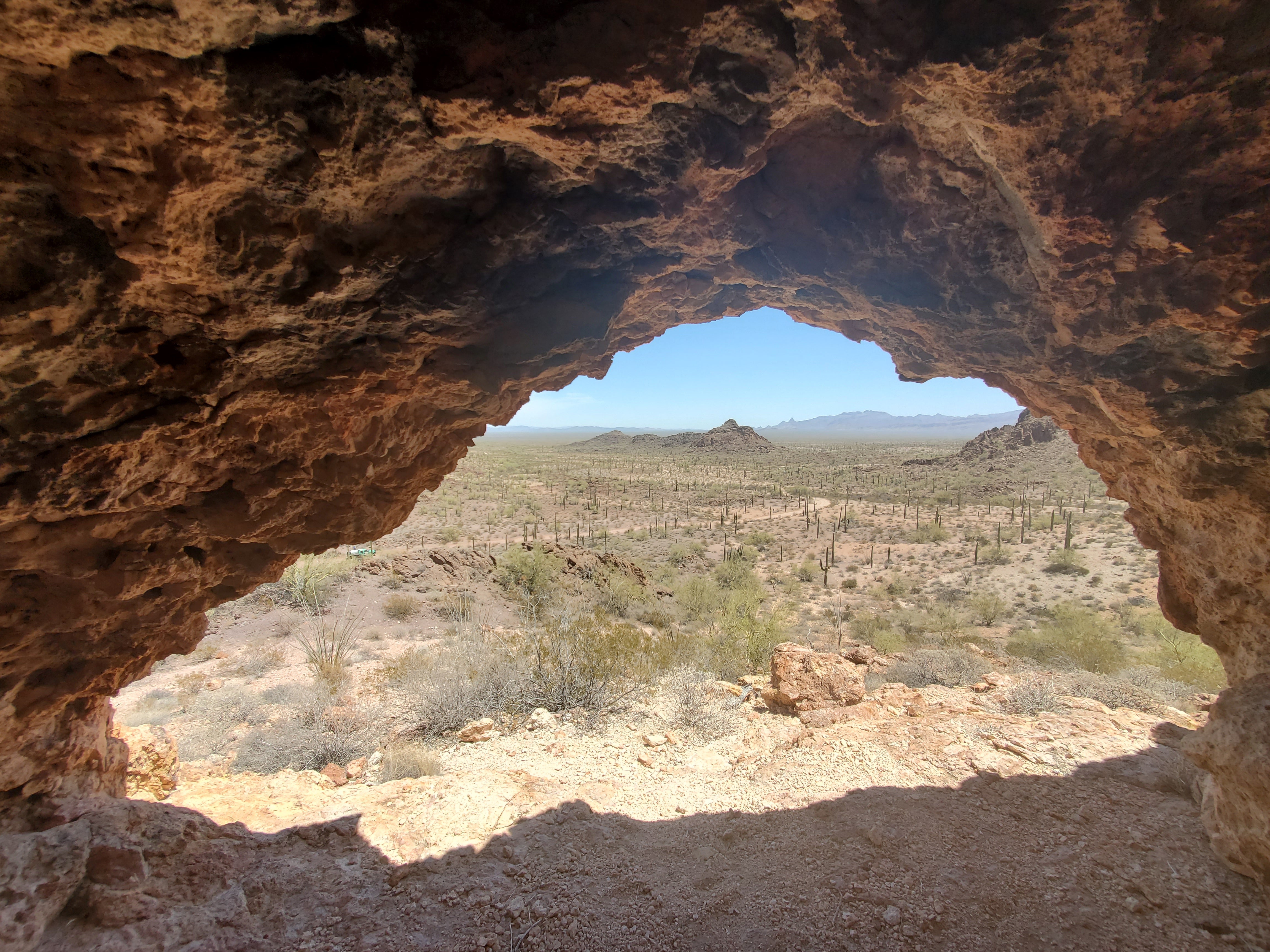 Image from inside a cave, overlooking a water-drop site in the Sonoran Desert
