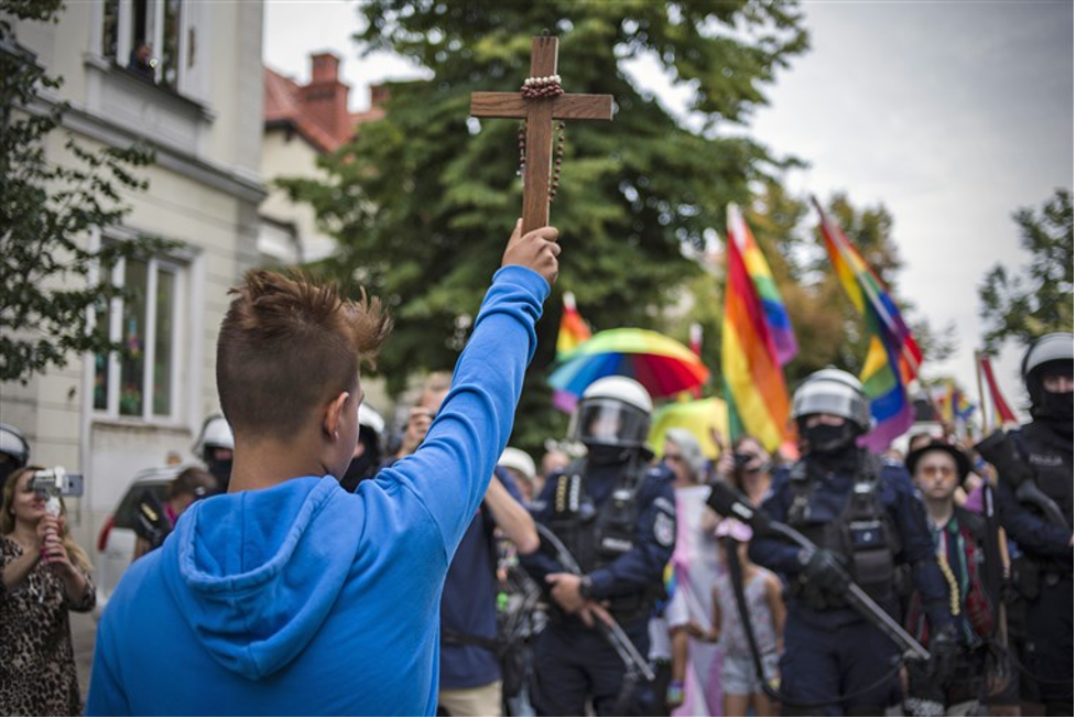 A protester trying to block gay parade in Poland, 2019