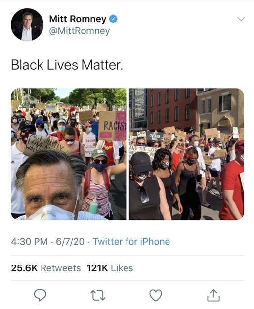 Mitt Romney tweets, "Black Lives Matter" along with an image of himself at the 2020 BLM protests