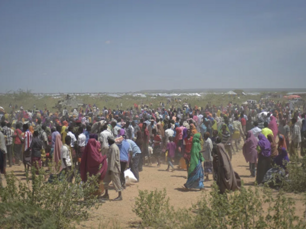 A crowd fights over food aid at a distribution center near Beletweyne, Somalia.
