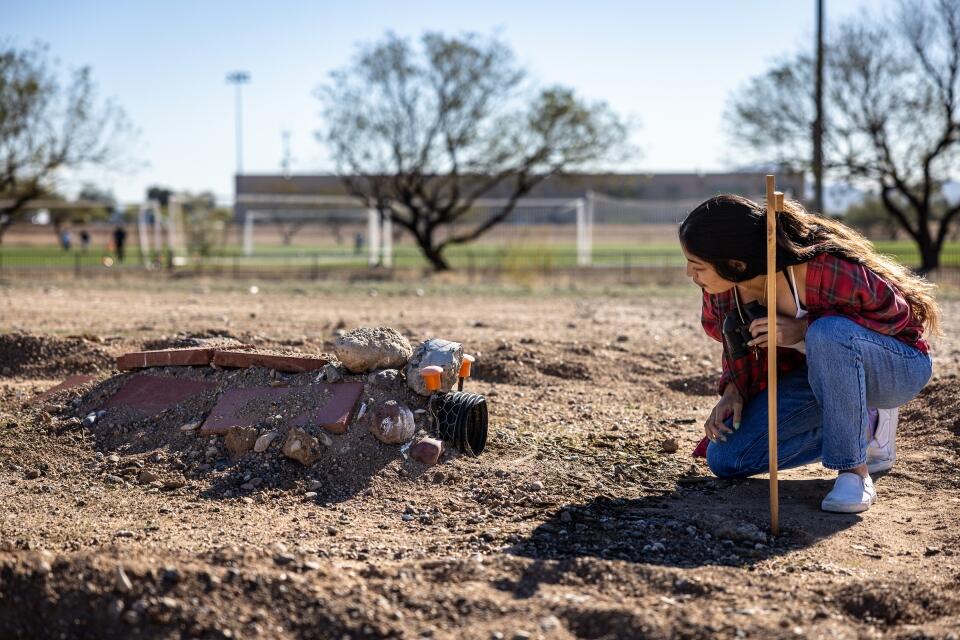 photo of student checking on burrowing owls on the West campus