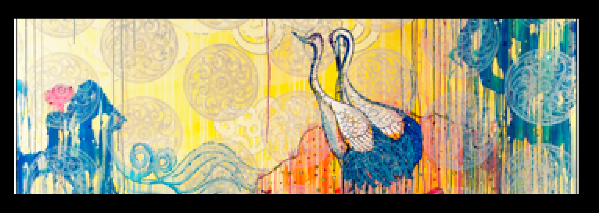 drawing of two birds and sunny landscape
