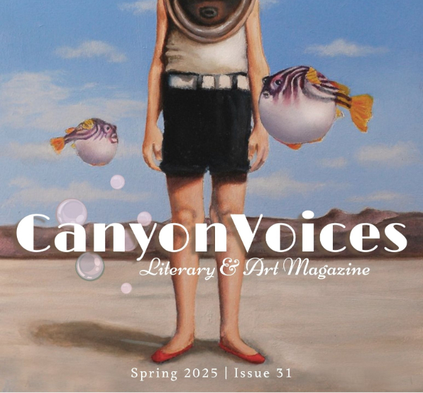 A surreal magazine cover with a person and colorful, balloon-like fish under a blue sky.