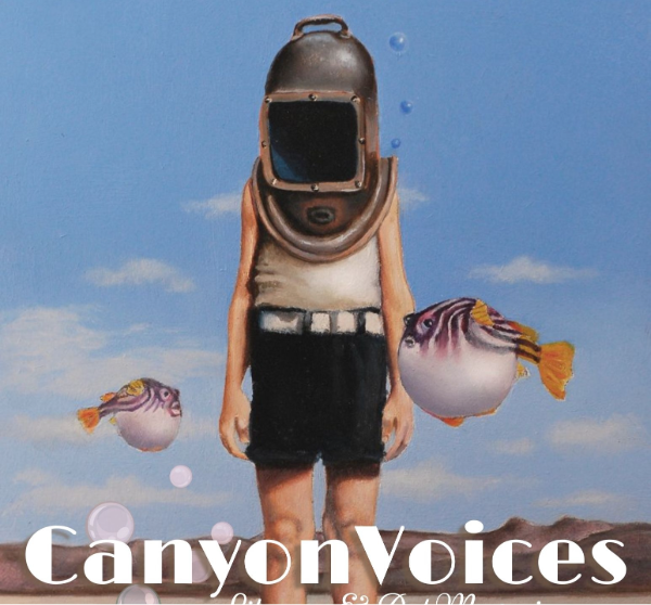 A surreal magazine cover with a person and colorful, balloon-like fish under a blue sky.