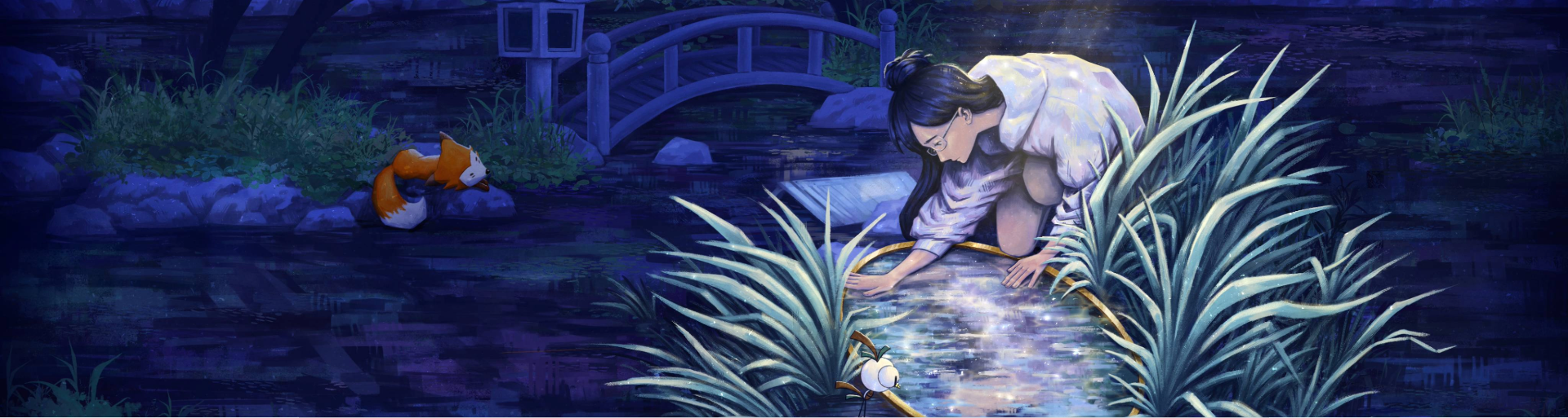 A woman kneels by an illuminated pond at night with an arched bridge in the background and a fox toy nearby.