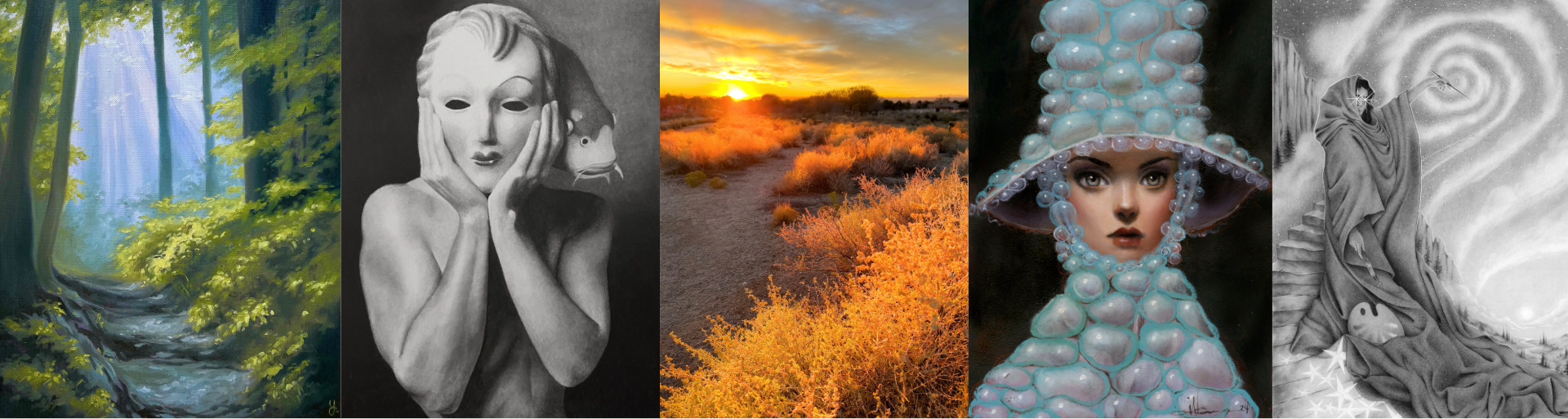 A collage of five diverse artworks: a forest, a masked figure with a fish, a desert sunset, a woman in a bubble outfit, and a cosmic scene with a robed painter.