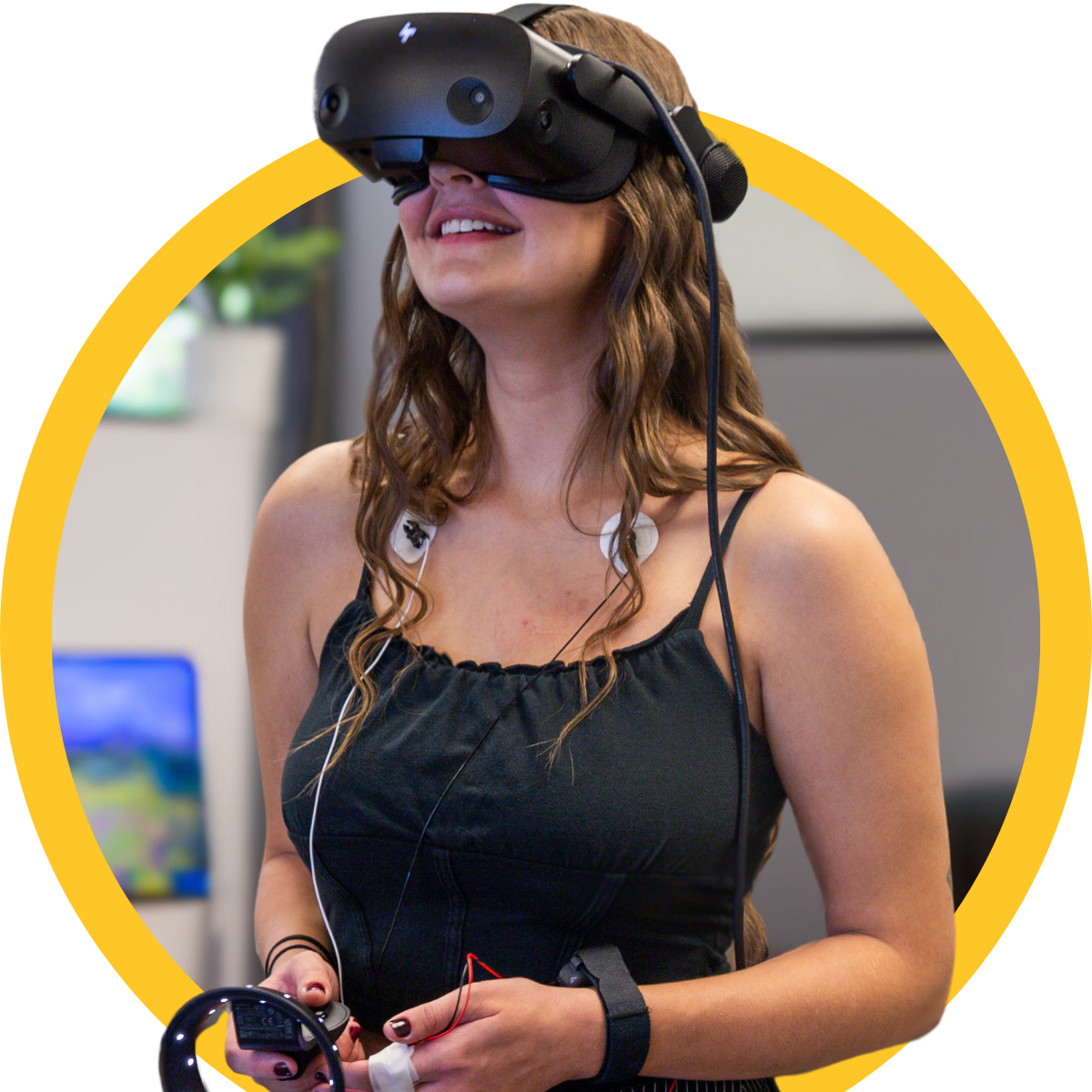 A girl happily looking into a VR headset